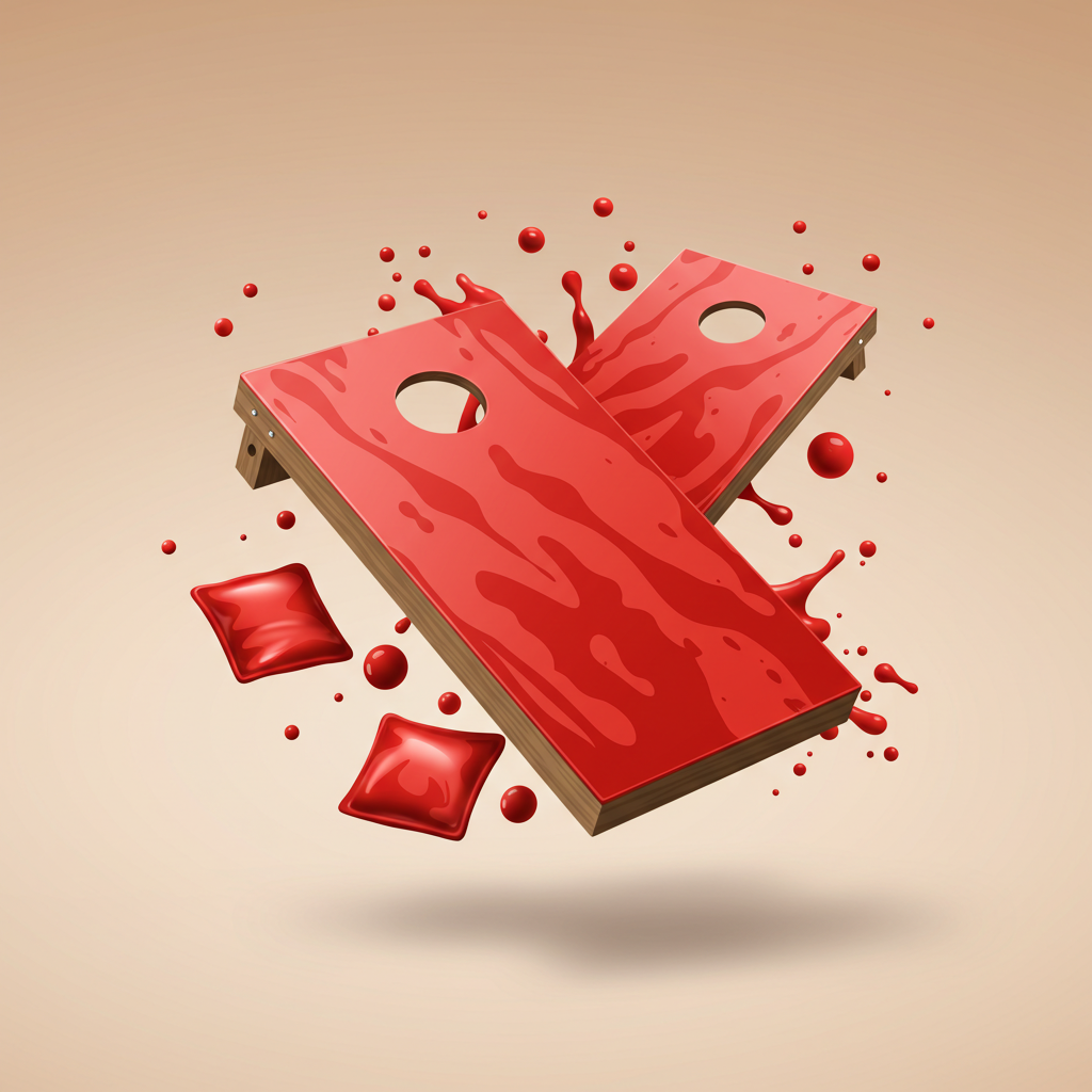 Abstract 3D cornhole boards in neon brand colors, minimalistic shadows, exaggerated perspective, floating above a blank gradient background