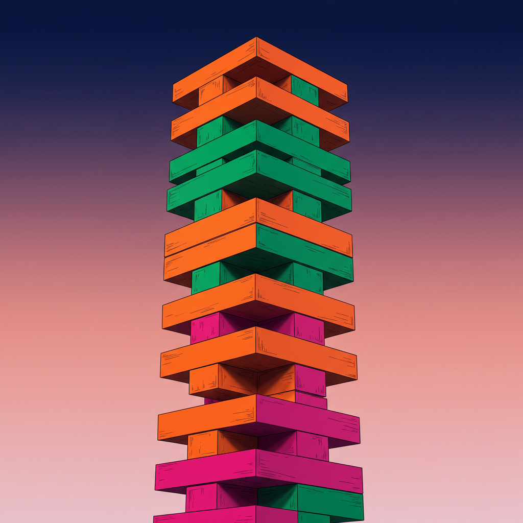 Abstract giant Jenga / Topple Tower, stacked blocks with bold full-bleed sponsor colors, soft gradient background, no humans, dramatic shadows