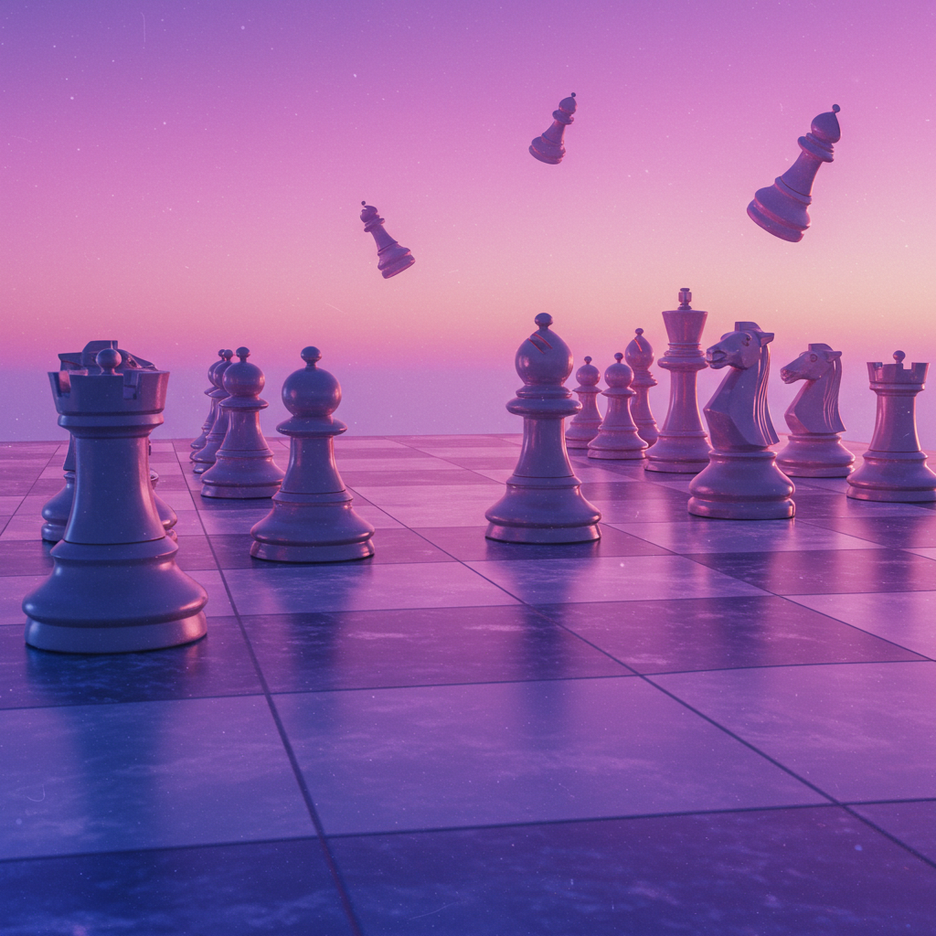 Oversized abstract Connect Four / Chess set, high-contrast colored pieces, exaggerated scale, minimalistic shadows, floating geometric composition, no humans