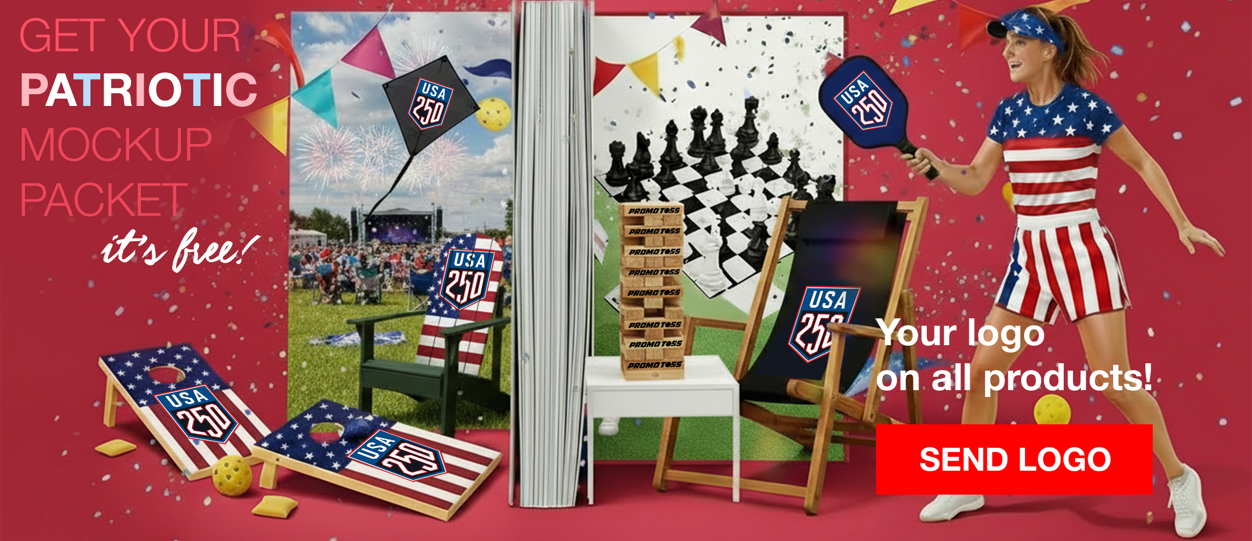 Patriotic mockup packet featuring branded games for America 250 celebration events